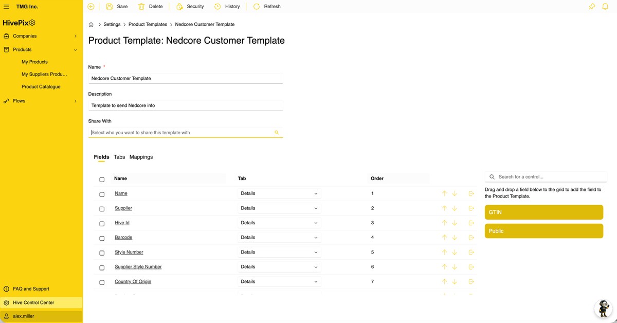 HivePix screen for creating and sharing a product template