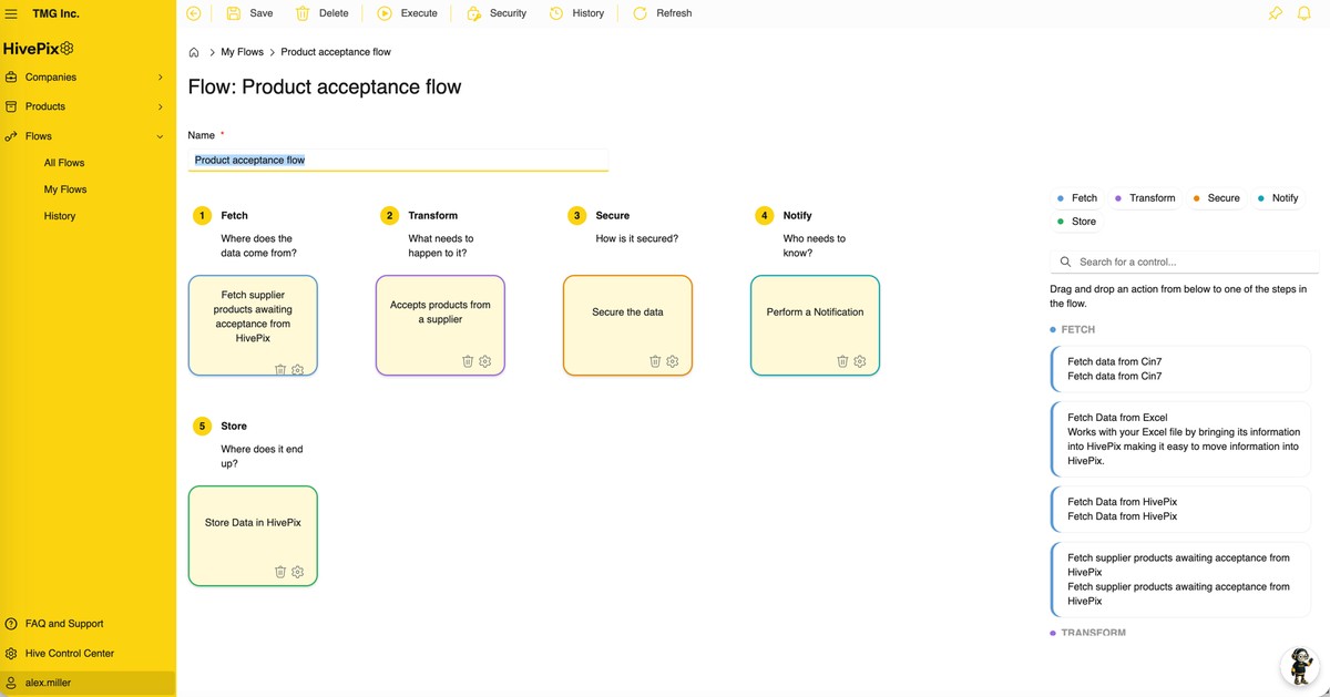 HivePix flow builder showing Fetch, Transform, Secure, Notify and Store steps