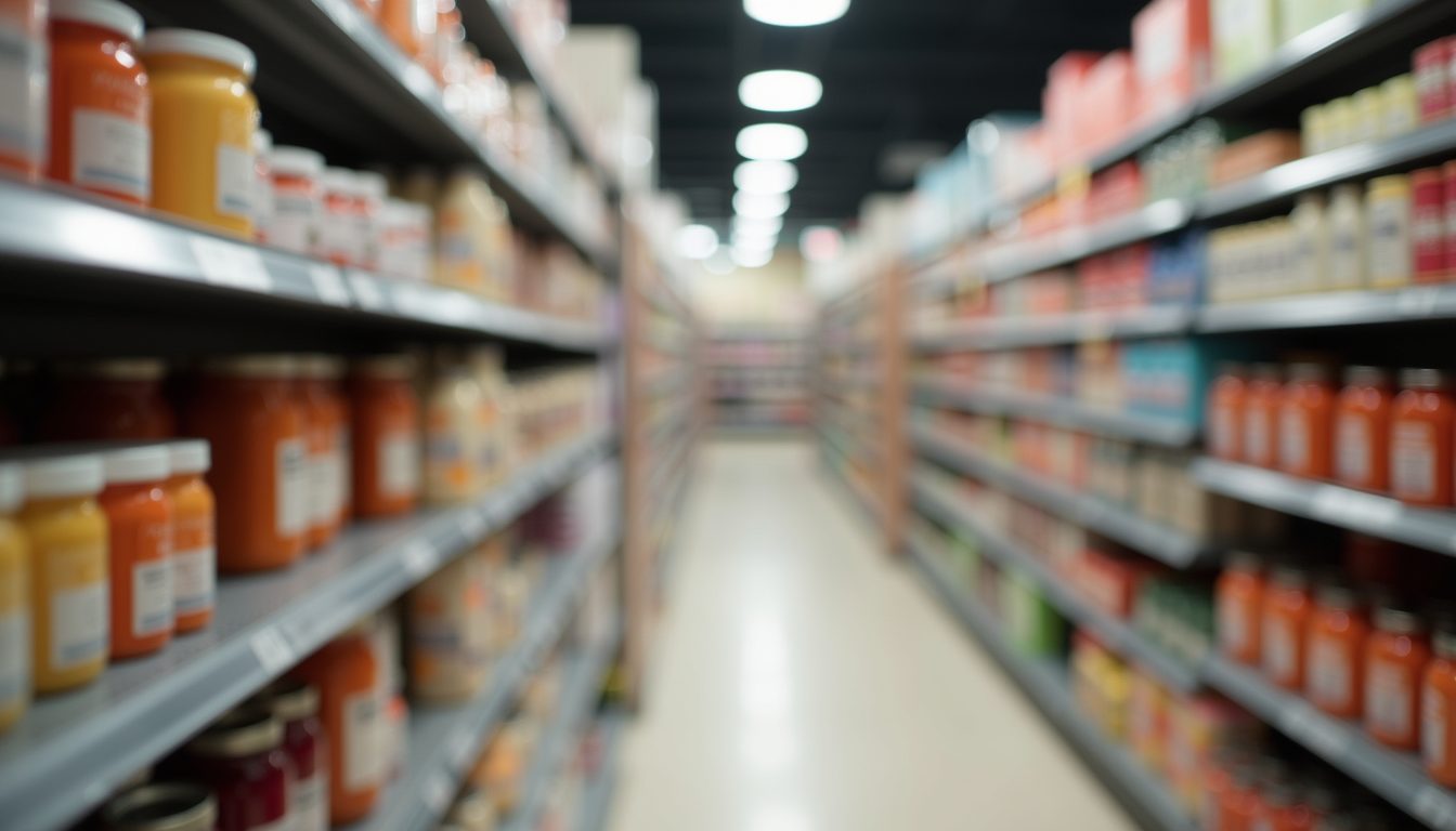 Eye-level view of a retail shelf neatly organized by product categories